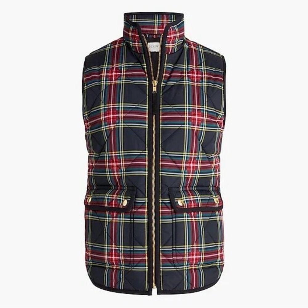 EUC, J Crew Stewart Tartan Puffer Vest w/ Snap Pockets, Black & Red Plaid, SZ XS